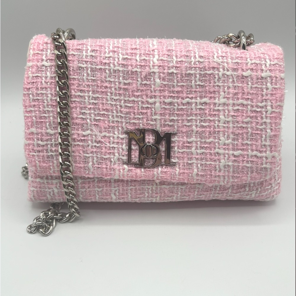NWT Badgley Mischka Pink TWEED Textured Shoulder Crossbody silver Chain Bag